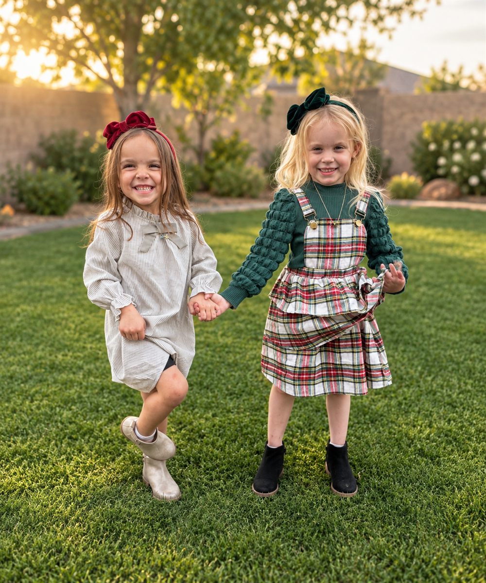 Blakely and River holding hands in the backyard at sunset